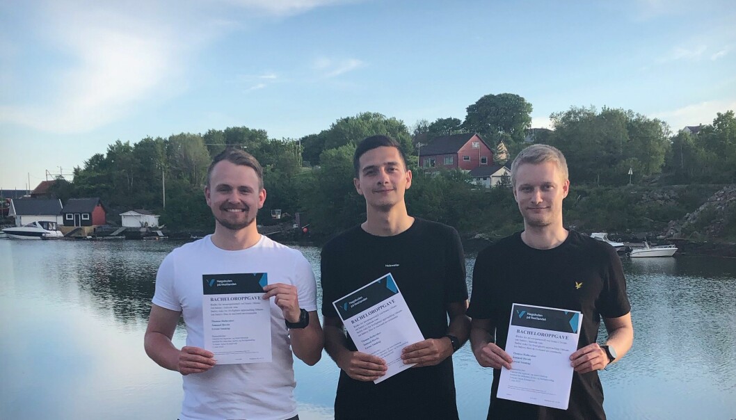 Disse tre fikk pris for beste bacheloroppgave på branningeniørstudiet i Haugesund i år; fra venstre Thomas Halleraker, Levent Smakiqi og Åsmund Hovda