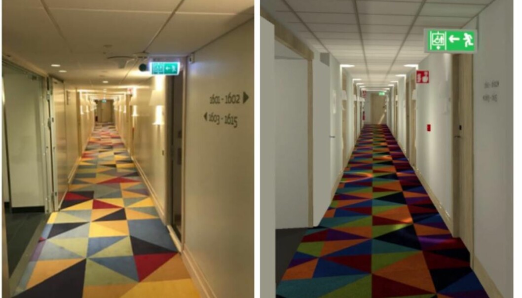 Hotellkorridoren i virkeligheten til venstre, og i VR-format til høyre. Hotellkorridoren i virkeligheten til venstre, og i VR-format til høyre.