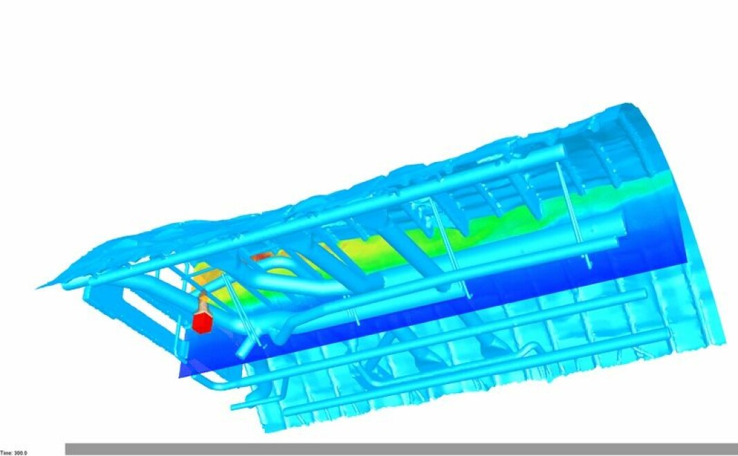 NIST-forskere brukte Fire Dynamics Simulator (FDS) for å modellere temperaturene på røyken som beveget seg gjennom passasjerflyets overliggende rom. En 3D-gjengivelse av FDS-utgang viser røyk som stiger fra en gassbrenner plassert foran i flyet. Fargene indikerer temperaturer fra varm (rød) til kald (blå). NIST-forskere brukte Fire Dynamics Simulator (FDS) for å modellere temperaturene på røyken som beveget seg gjennom passasjerflyets overliggende rom. En 3D-gjengivelse av FDS-utgang viser røyk som stiger fra en gassbrenner plassert foran i flyet. Fargene indikerer temperaturer fra varm (rød) til kald (blå).