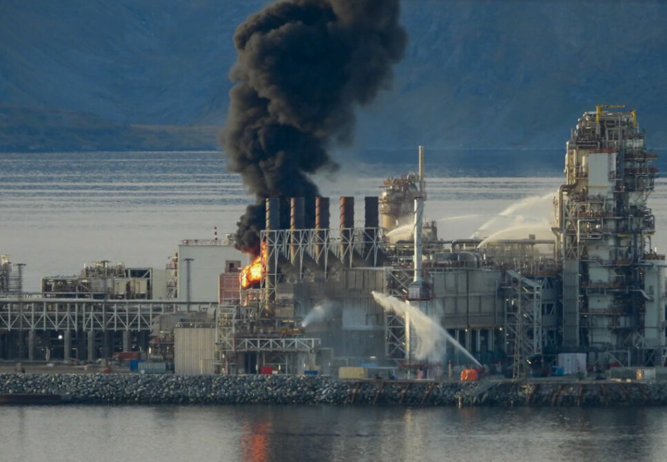 Brann i produksjonsanleggene på Melkøya utenfor Hammerfest den 28. september 2020.