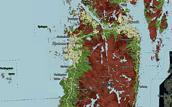 Figur 2. Karmøy kommune kan få store vegetasjonsbranner ved "brann-vær" på grunn av stor brenselsbelastning i utmarken. Kartet viser spredningspotensiale for brann i rødt ved liten til moderat brannfare. Gult markerer bebyggelse.