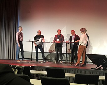 Fra venstre Håkon Winterseth, Hugo Haug, Anders Arnhus, Trond Andersen, Rolf Søtorp og konferansier Line Hamre.