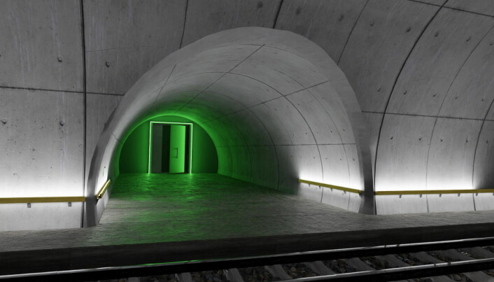 Illustrasjon av en håndløper-løsning i jernbane-tunnel.