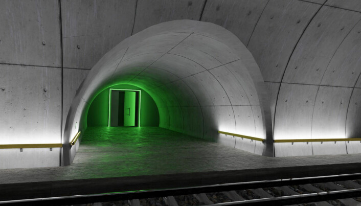 Illustrasjon av en håndløper-løsning i jernbane-tunnel. Illustrasjon av en håndløper-løsning i jernbane-tunnel.