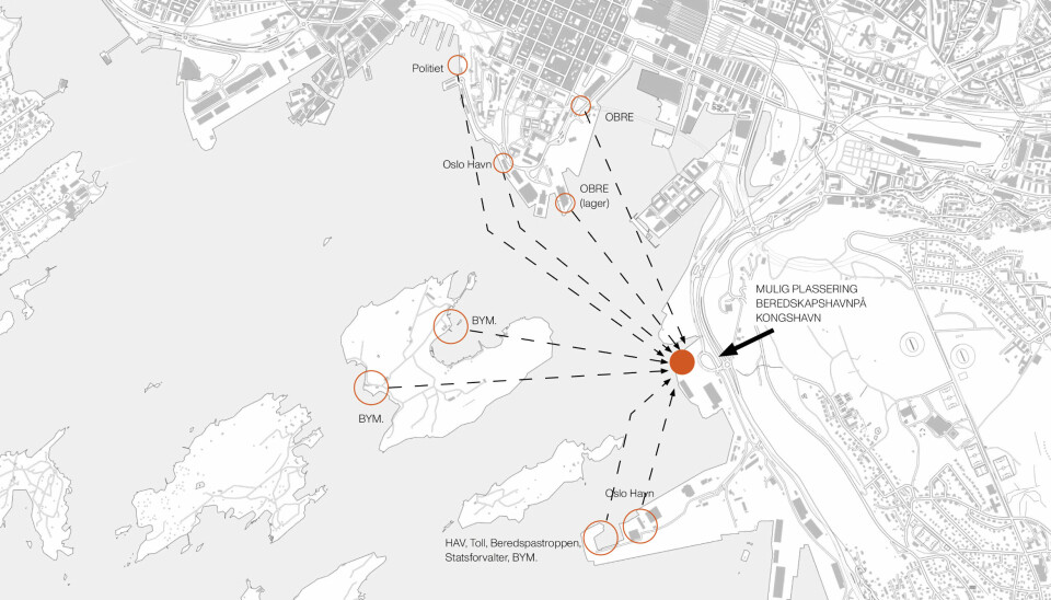 Illustrasjon som viser dagens plassering av beredskapsetatene og Oslo Havn, Bymiljøetaten og Statsforvalter sine båter. Det røde punktet viser Kongshavn Nord, som kan være aktuell lokasjon for samlet beredskapshavn. Illustrasjon som viser dagens plassering av beredskapsetatene og Oslo Havn, Bymiljøetaten og Statsforvalter sine båter. Det røde punktet viser Kongshavn Nord, som kan være aktuell lokasjon for samlet beredskapshavn.