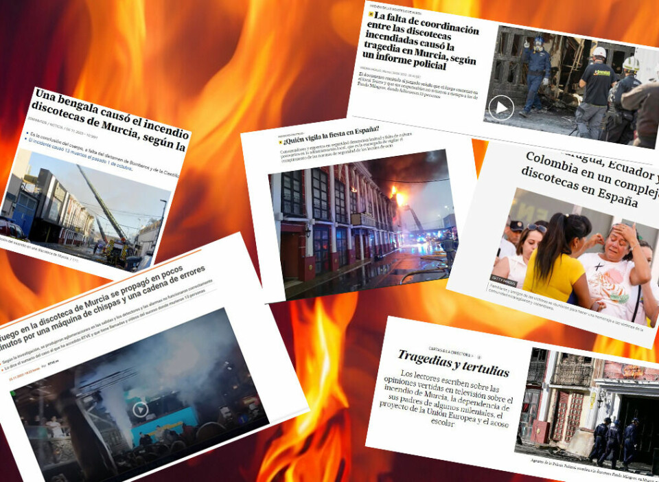 Faksimiler fra ulike spanske aviser som omtalte de tragiske brannene på to diskotek i Murcia i oktober 2023.